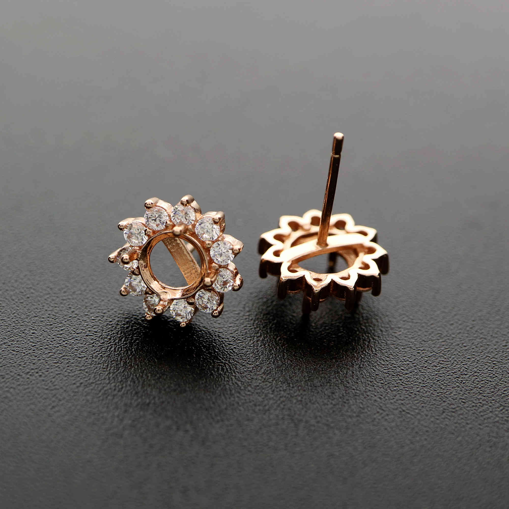1Pair 4-10MM Round Solid 925 Sterling Silver Rose Gold Tone DIY Prong Studs Earrings Settings Bezel With Cubic Zirconia 1706015 - Click Image to Close